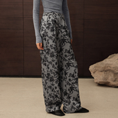 槐枳 缎面提花松紧腰休闲裤 女新中式 如意连云 国风直筒阔腿裤
