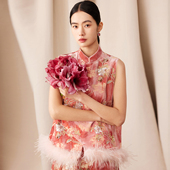 驼鸟毛坎肩背心 新年烧花丝绒珠片绣马甲女新中式 如意连云 赫栩