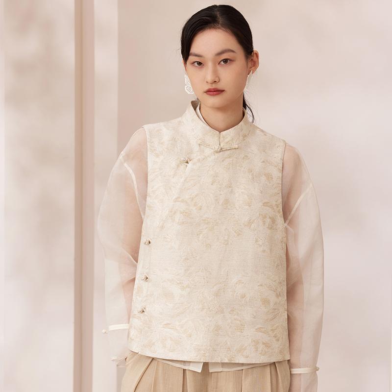 如意连云【昊卉】偏襟提花肌理盘扣马甲女新中式国风复古开叉背心