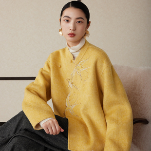 立领斜襟刺绣双面呢外套女新中式 冬款 钉珠短大衣 瑞羽 如意连云