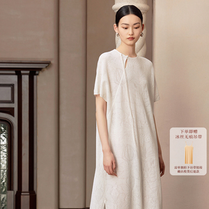 如意连云 夏装新款圆领斜襟飘带针织连衣裙女国风复古新中式长裙