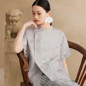 女新中式 如意连云夏新款 偏襟100%真丝欧根纱绣花衬衫 国风复古上衣