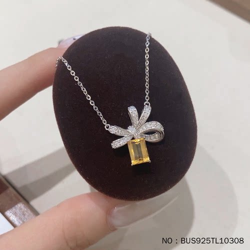 S925银镶立方氧化锆黄水晶轻奢典雅礼带蝴蝶结香水瓶套链