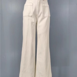 外贸IN家秋新款 高腰牛仔淑女气质通勤高挑显腿长简约白色阔腿长裤