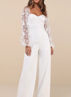 外贸单LU家高品质重工绣花灯笼长袖网纱显瘦白色气质御姐连体裤女