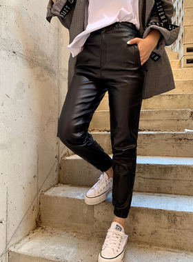 韩国黑色哈伦裤涂层皮裤松紧腰九分裤女2023秋冬休闲裤高腰灯笼裤
