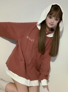 梨屋PEARHOUSE 原创8折 红色做旧色卫衣外套颜文字印花宽松