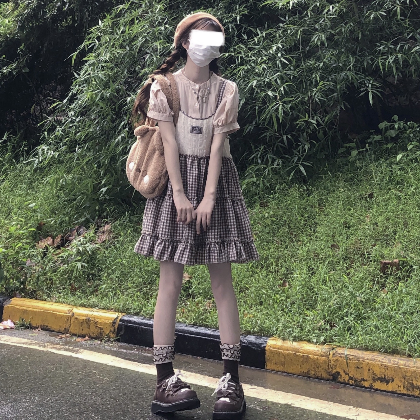 梨屋原创华夫格吊带裙