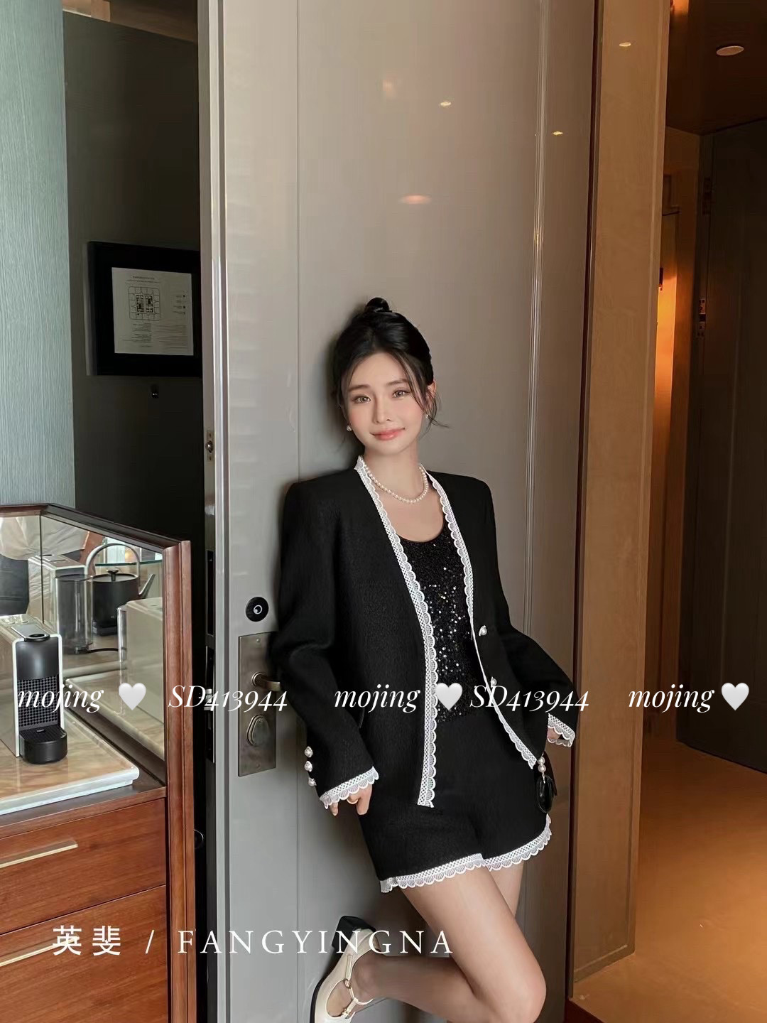 南油设计师女装2025早秋气质羊毛小香风外套拼蕾丝边显瘦配短裤