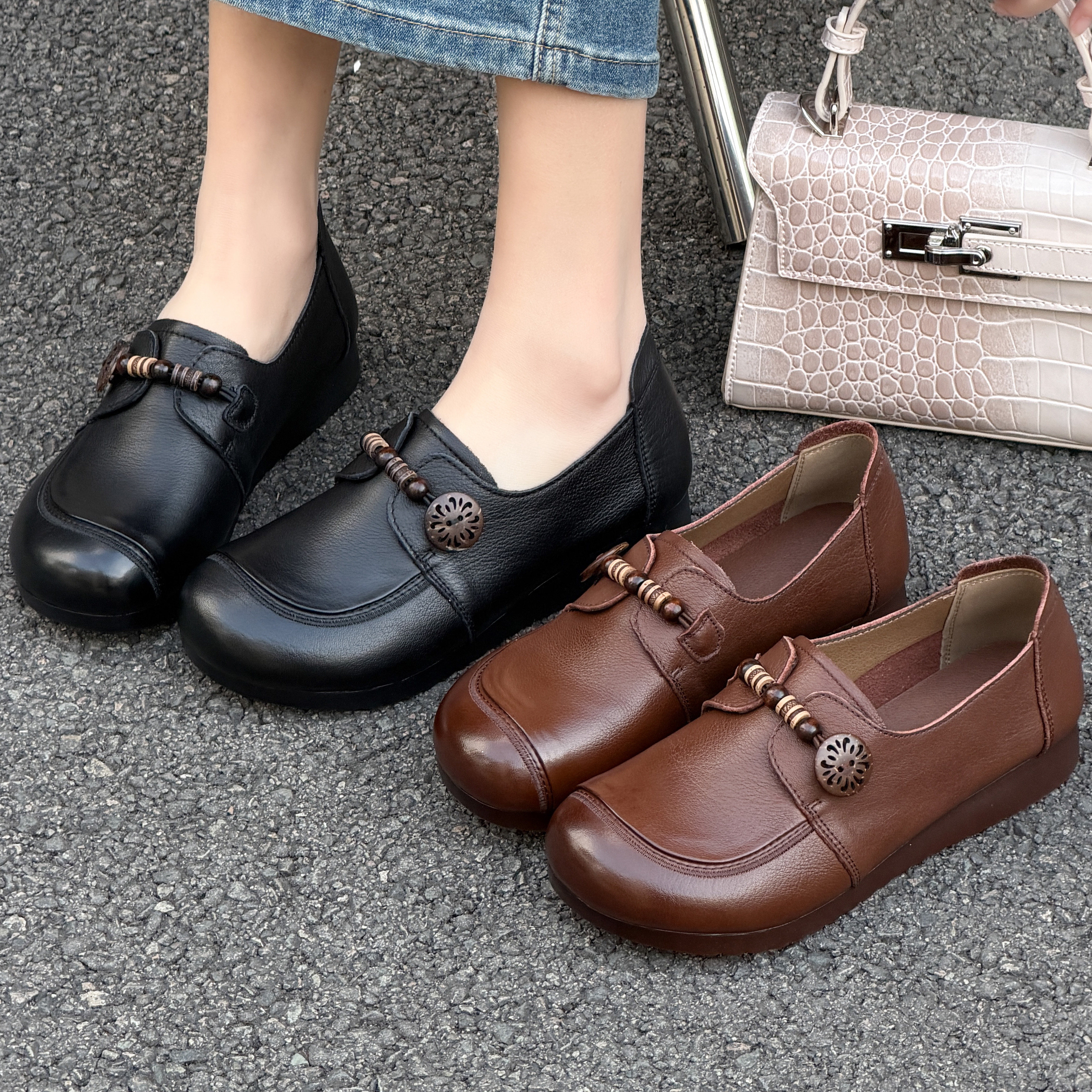 夏发真皮女鞋2026春季新款平底单鞋头层牛皮牛筋底软底皮鞋妈妈鞋