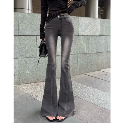 经典美式黑色高腰微喇修身牛仔裤女蜜桃臀复古拖地裤潮