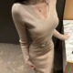 性感V领收腰显瘦OL针织毛衣连衣裙女秋冬气质内搭打底中长裙女士
