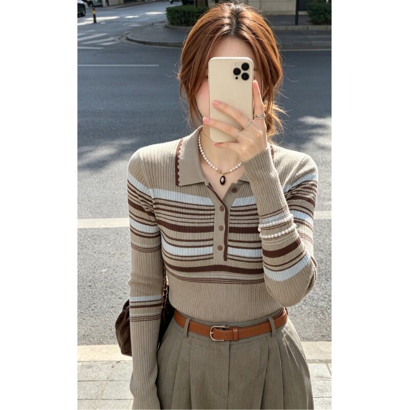 韩系灰色条纹翻领正肩长袖t恤女夏季小个子针织修身短款上衣