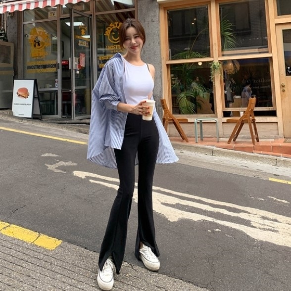 韩国东大门2022秋款松紧高腰弹力修身裤腿开叉微喇叭休闲长裤