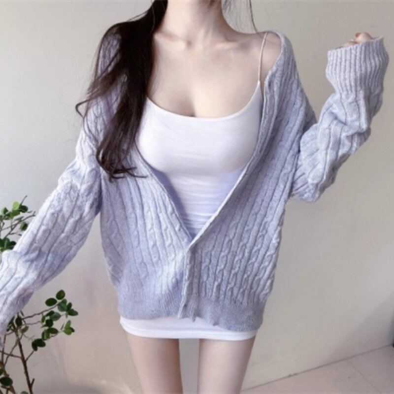 韩国东大门舒适新款秋季甜美百搭宽松中长款麻花毛针织开衫外套女