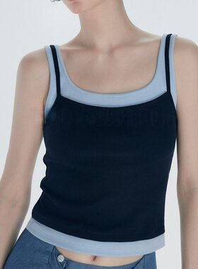2026春夏欧版系撞色假两件吊带背心女夏辣妹修身弹力上衣外穿美背