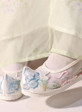 江南朱记汉服鞋【清澜】古风绣花鞋凉鞋女夏软底网纱布鞋透气增高
