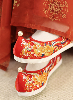 听月小筑X江南朱记【青鸾鸣凤】重工绣花鞋内增高弓鞋婚服搭配婚