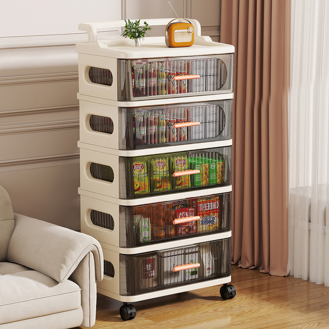 可移动小推车抽屉式收纳柜桌下零食玩具储物柜分层夹缝置物架家用