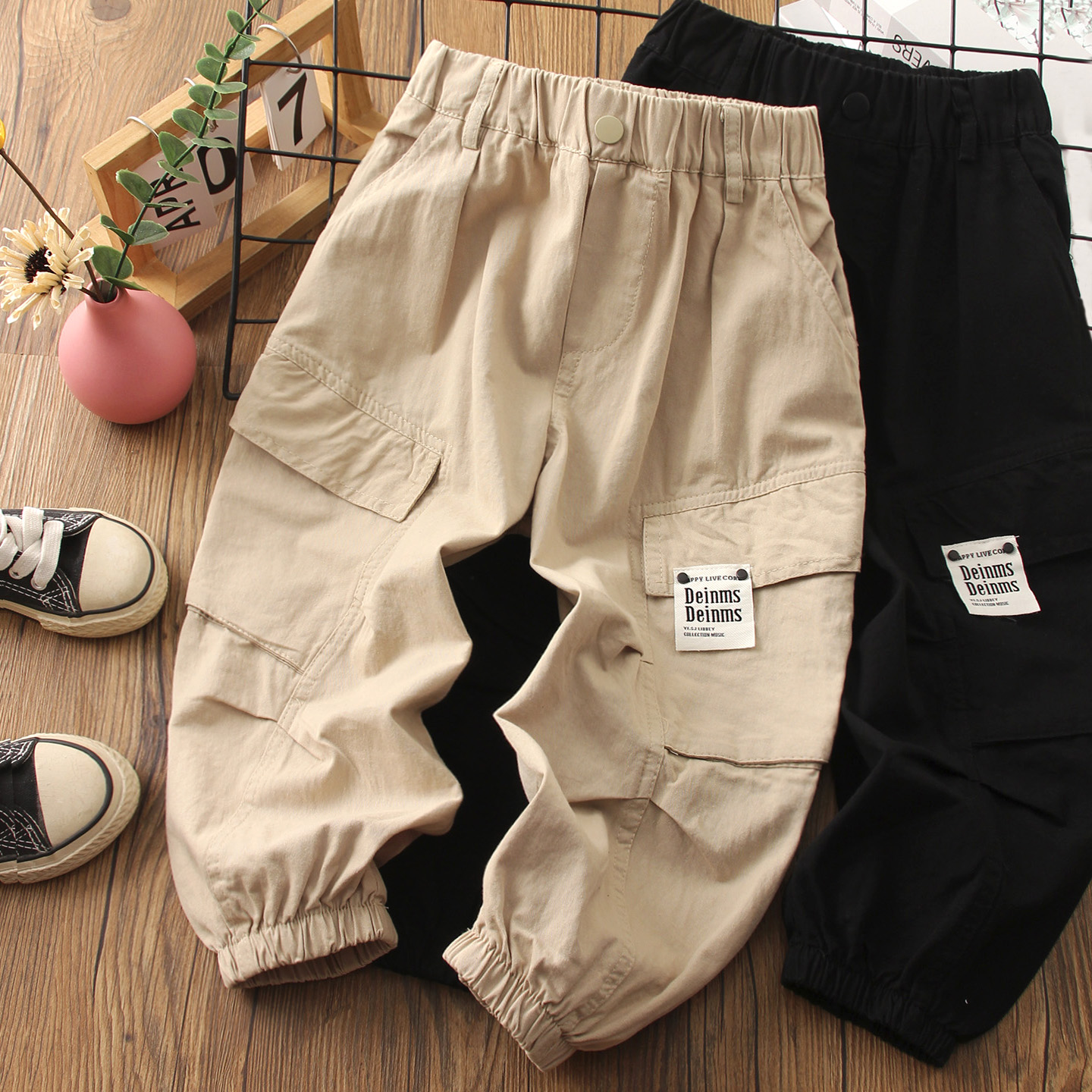 儿童纯棉工装裤长裤纯色休闲裤