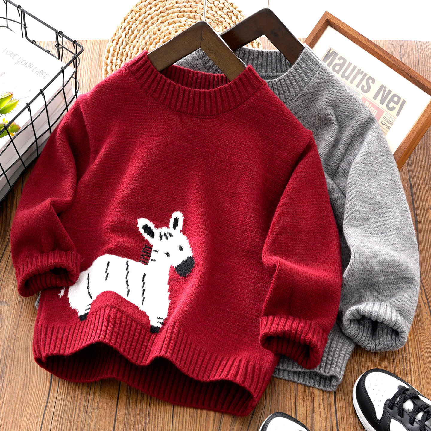 男童毛衣套头打底红色针织衫