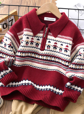 男童红色毛衣加厚秋冬款儿童翻领拉链毛线衣男孩冬季宝宝针织上衣