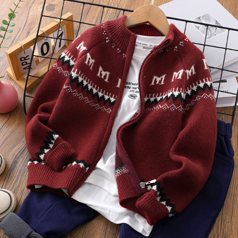男童红色毛衣开衫冬季加绒加厚儿童拉链针织衫男孩秋冬款线衣外套