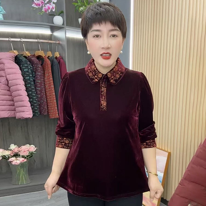 高档丝绒翻领大码上衣妈妈打底衫