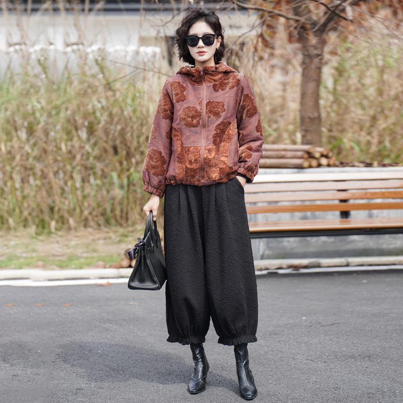 2025秋冬新款复古人丝提花夹棉外套气质减龄宽松大码妈妈两件套装