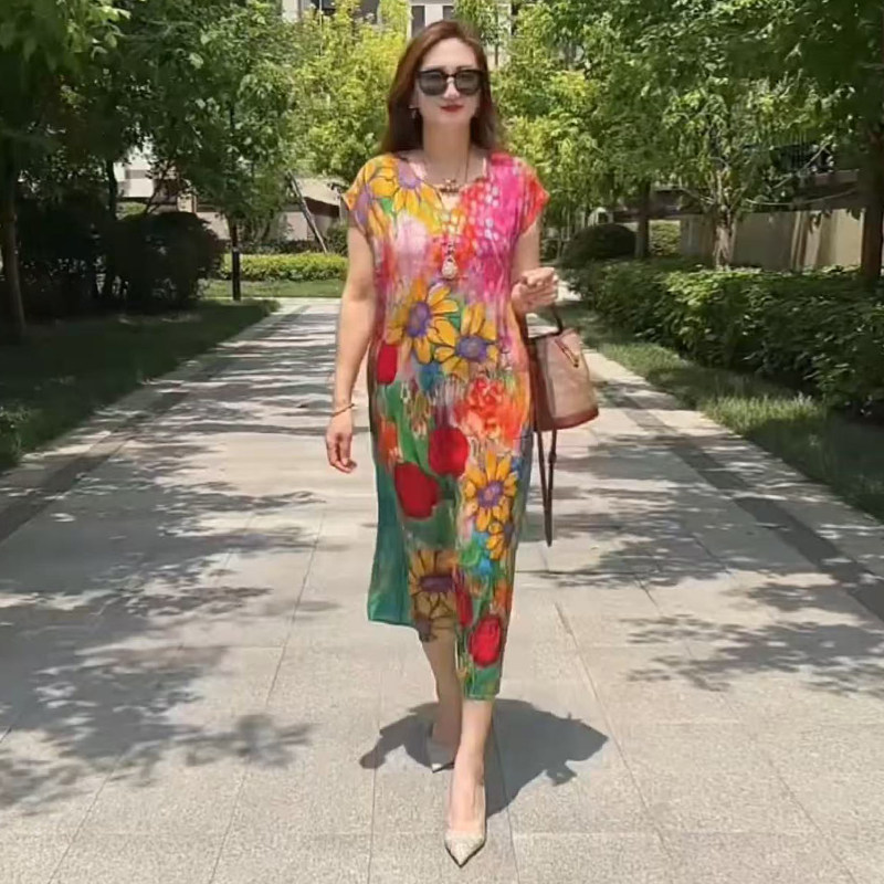 高品质!双绉真丝花色妈妈连衣裙