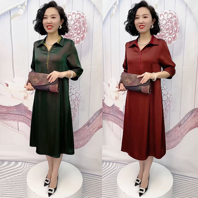 高品质!夏季大码真丝妈妈连衣裙