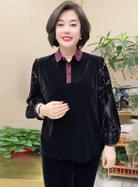 春秋高档丝绒衬衫中老年妈妈大码宽松遮肉洋气减龄旗袍衫上衣小衫