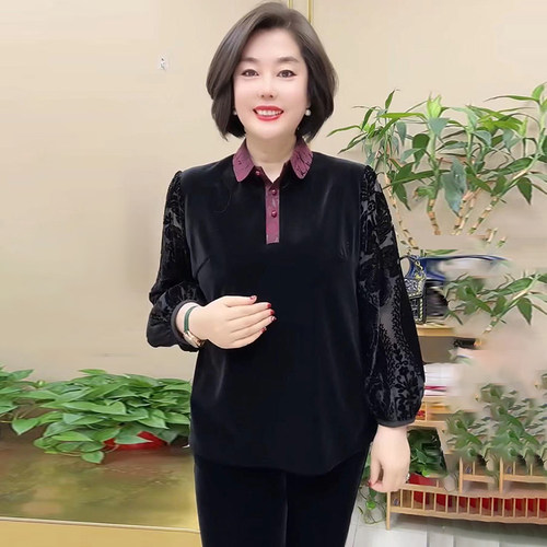 高档丝绒衬衫妈妈装减龄上衣小衫
