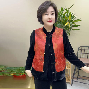 新中式国风秋冬中老年妈妈真丝绒拼接缎面盘扣马甲打底衫两件套装