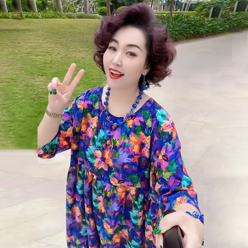 高品质双绉丝连衣裙2026夏季新款宽松大码女装气质时尚妈妈长裙子