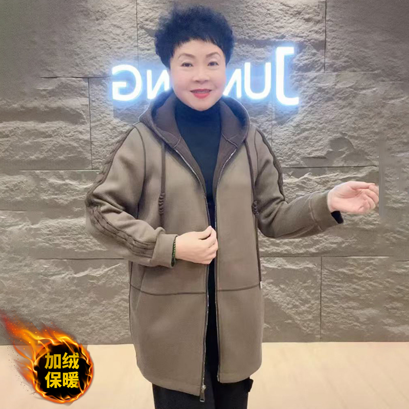 时尚休闲中年妈妈连帽水晶棉大衣女中长款冬季加绒保暖宽松厚外套