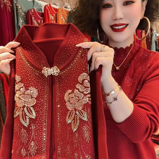 秋冬时尚纯色针织绣钻两件套新年红重工艺串珠亮钻本命年红女毛衫