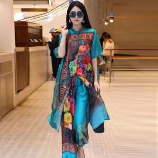 两件套装 复古大码 富太太优雅时尚 宽松阔腿裤 女 田园风印花飘逸开衫