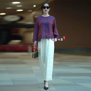 2026春季复古刺绣花边双色流光绸人丝百搭优雅女国风提花衬衫套装