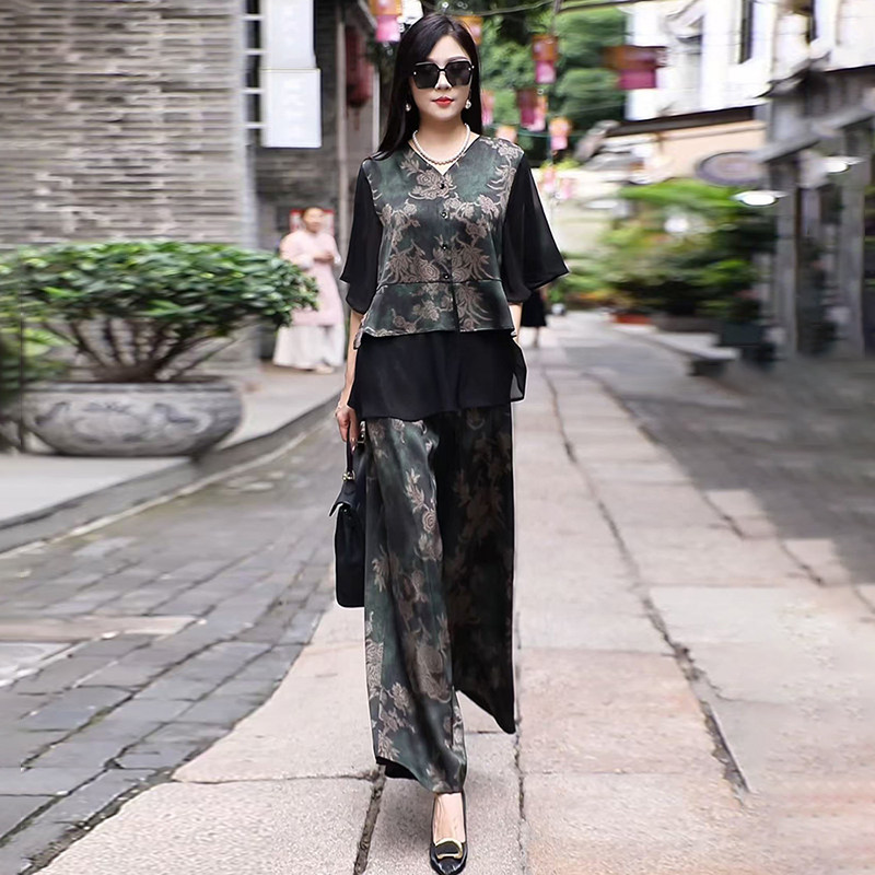 高品质！大码真丝提花妈妈两件套