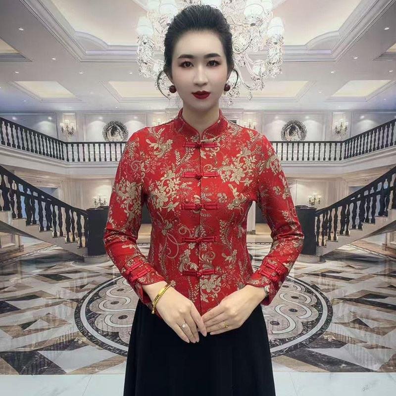 气质妈妈开衫冬季加绒保暖外套时尚提花修身弹力上衣复古旗袍小衫