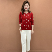 春装 宽松上衣女 洋气高端中年妈妈装 新款 国风圆领重工针织毛衣时尚