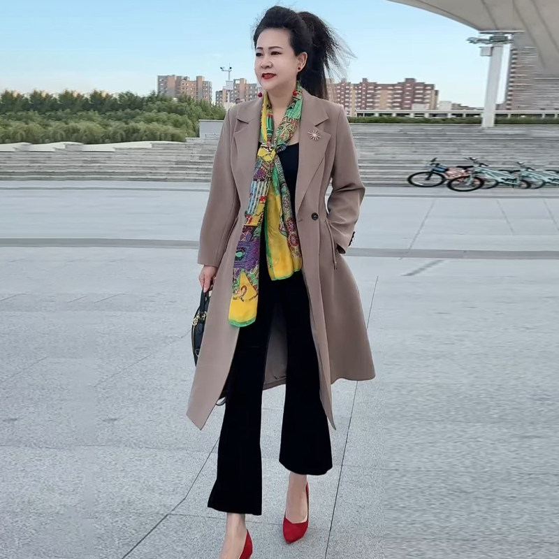 高品质!中长款卡其色风衣外套女
