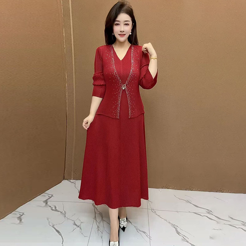 高品质！时尚妈妈假两件褶皱长裙