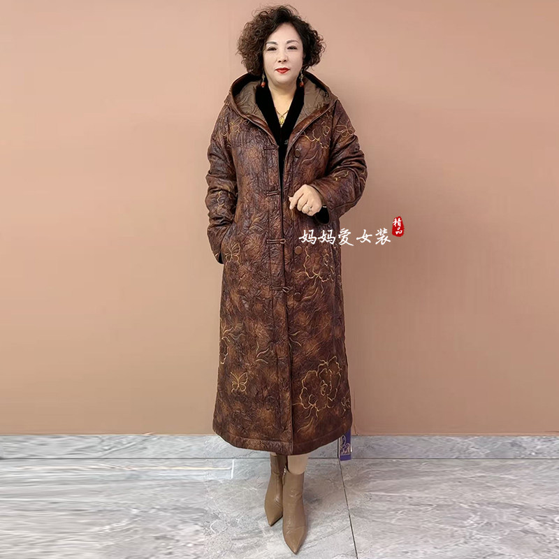 专柜款中老年妈妈秋冬重工绣花棉衣外套中长款洋气显瘦连帽棉服女
