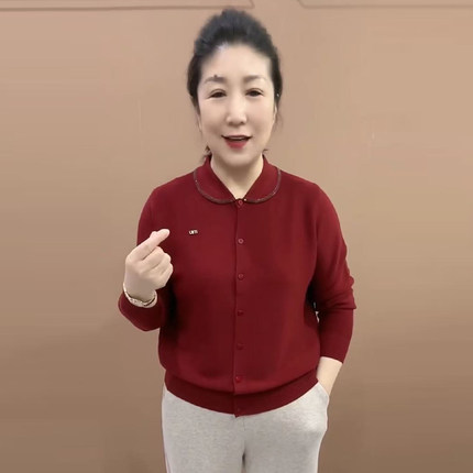 中老年妈妈毛衣红色针织开衫女士2026春季新款打底羊毛衫外套上衣