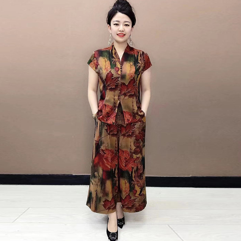 真丝妈妈两件套春夏新款中老年时尚遮肉显瘦桑蚕丝短袖上衣套裤女