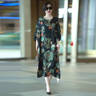 高品質高端真絲連衣裙氣質媽媽中國風提花桑蠶絲減齡時尚 裙子 大碼