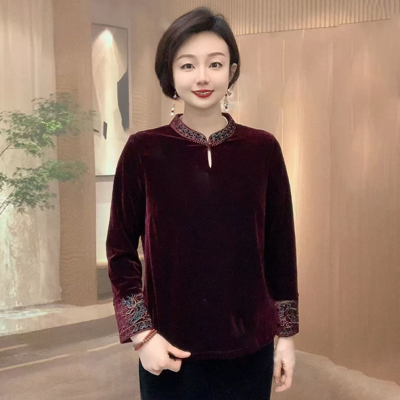 高品质!祥云刺绣丝绒妈妈上衣