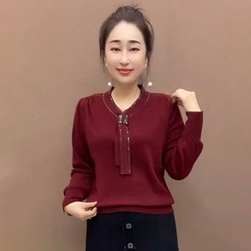 时尚妈妈纯色羊毛衫飘带打底上衣